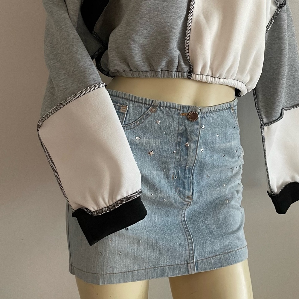 Vintage Roccobarocco distressed studded denim mini skirt